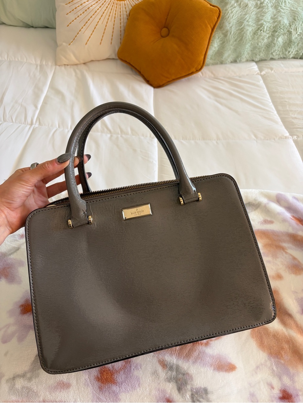 kate spade Gray Patent Leather Top-Handle Satchel with Gold Hardware